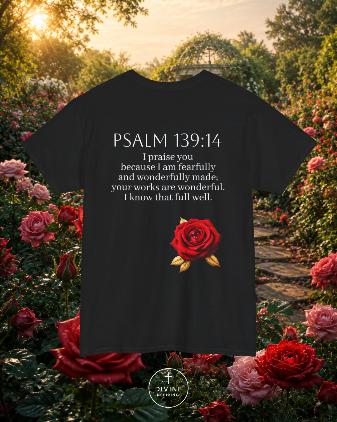 Black t-shirt with Psalm 139:14 text and red rose design in a garden setting