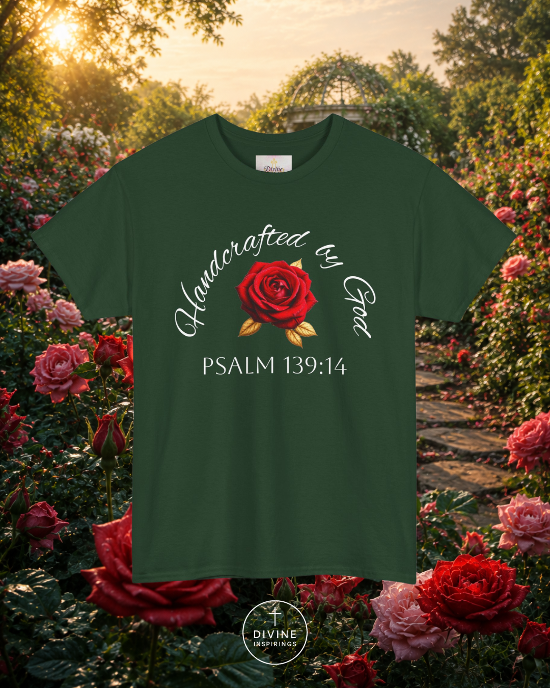 Green t-shirt with red rose design and 'Handcrafted by God' text in a garden setting
