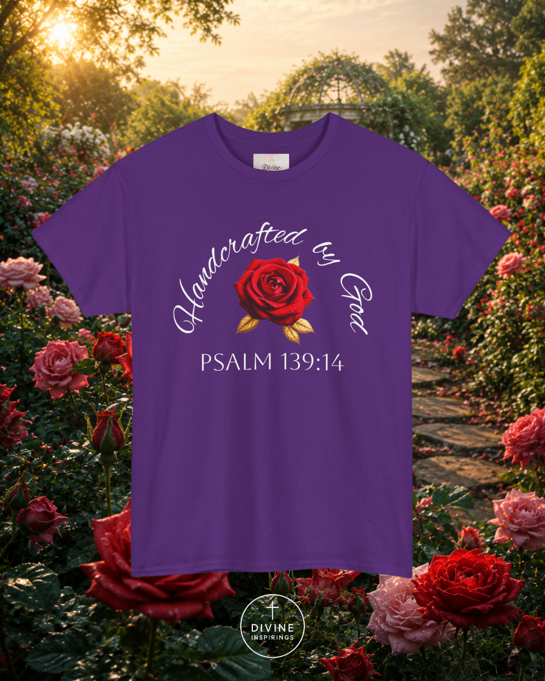 Purple t-shirt with floral design and text in a garden setting