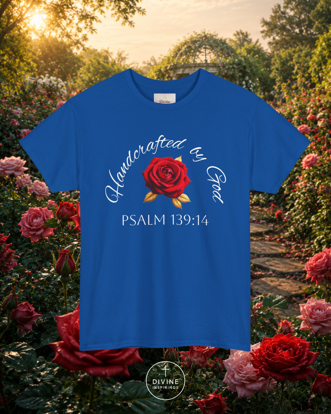 Blue t-shirt with red rose graphic and text 'Handcrafted by God Psalm 139:14' against a garden background