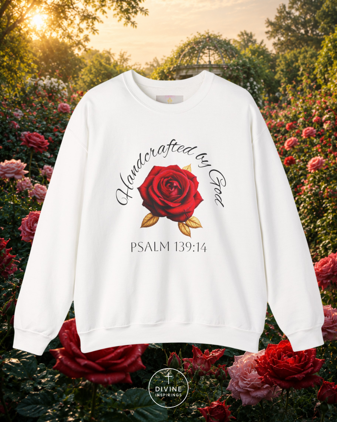 White sweatshirt with red rose design and text in a garden setting