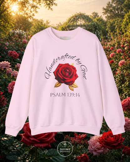 White sweatshirt with red rose graphic and 'Handcrafted by God' text in a garden setting