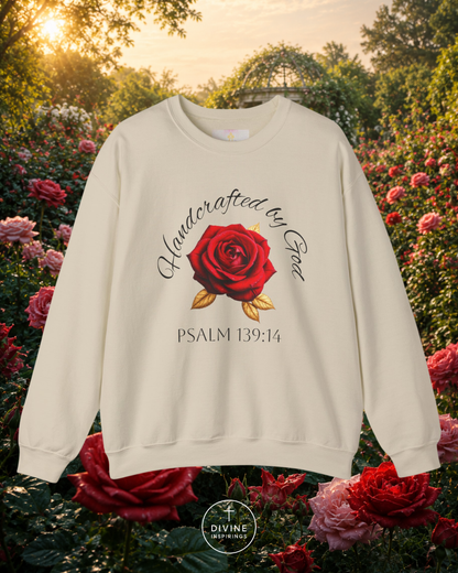 Beige sweatshirt with red rose graphic and 'Handcrafted by God' text in a garden setting