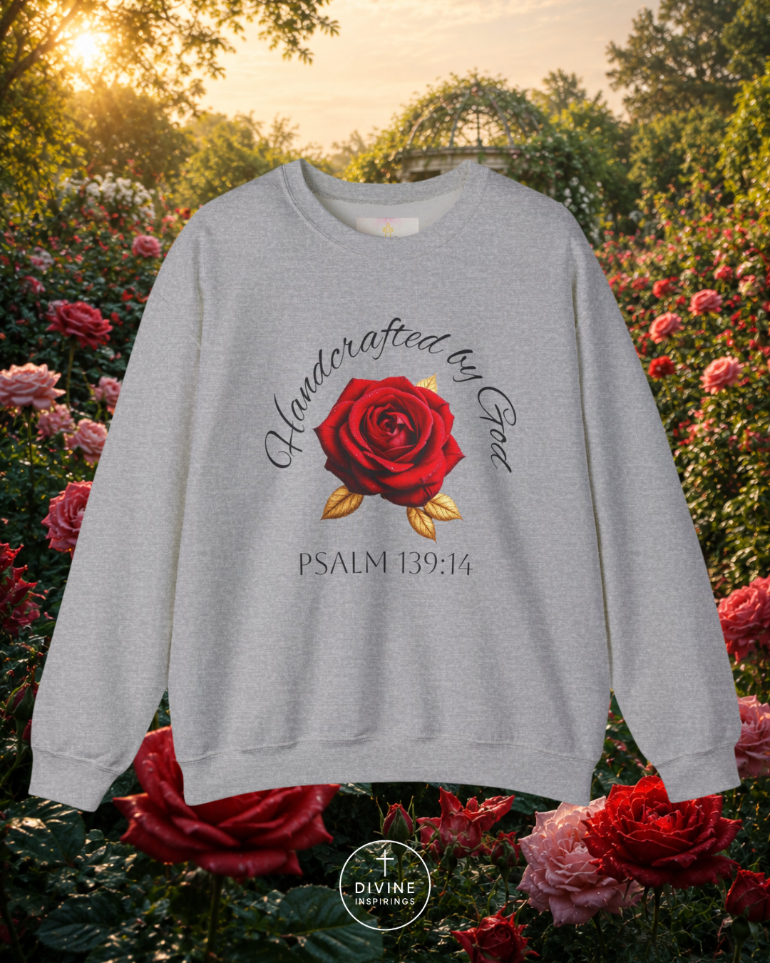 Gray sweatshirt with red rose and text in a garden setting