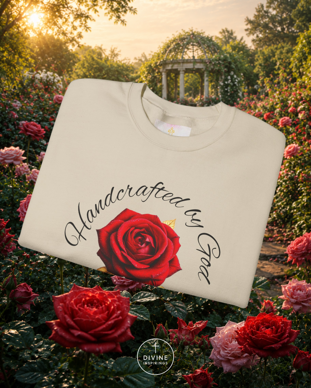White sweatshirt with red rose and 'Handcrafted by God' text in a garden setting