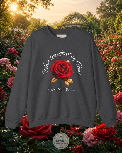 Dark gray sweatshirt with red rose graphic and 'Handcrafted by God' text in a garden setting