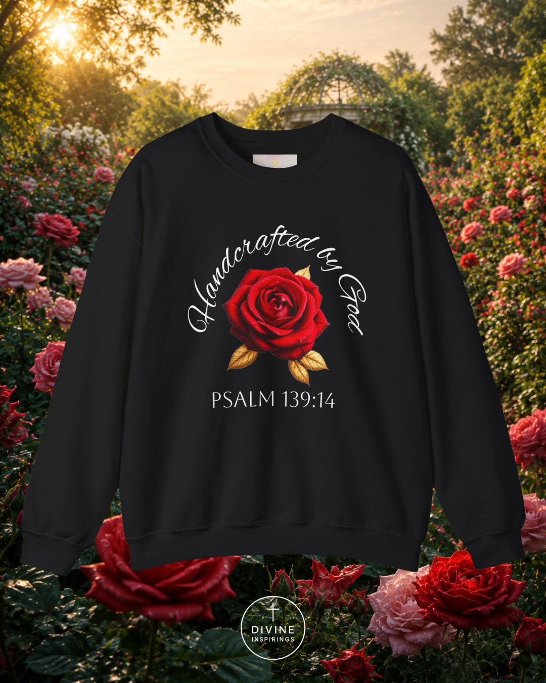 Black sweatshirt with a red rose design and 'Handcrafted by God' text in a garden setting