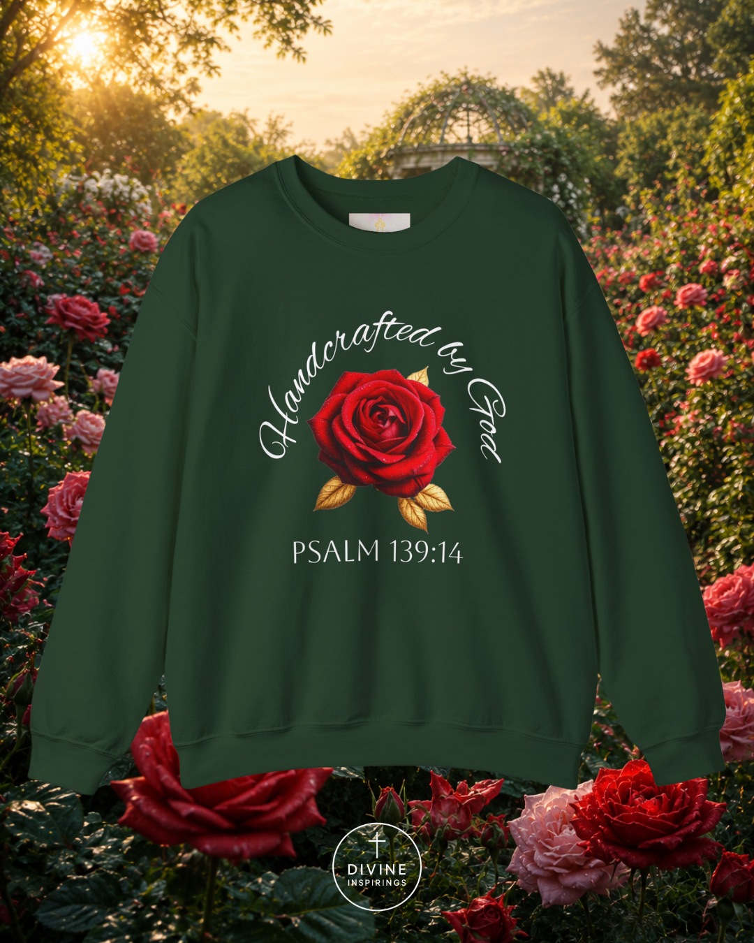 Green sweatshirt with a red rose and text in a garden setting