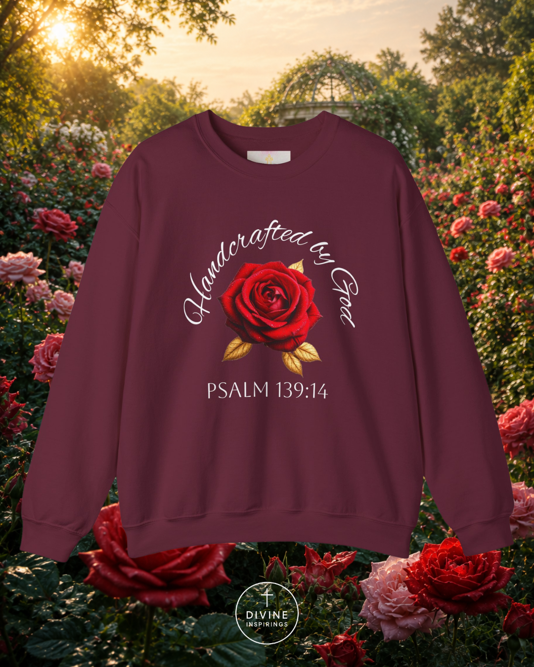 Maroon sweatshirt with a red rose and text in a garden setting