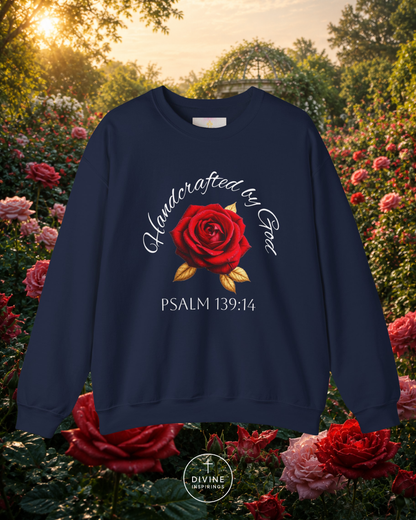 Navy blue sweatshirt with a red rose and text in a garden setting