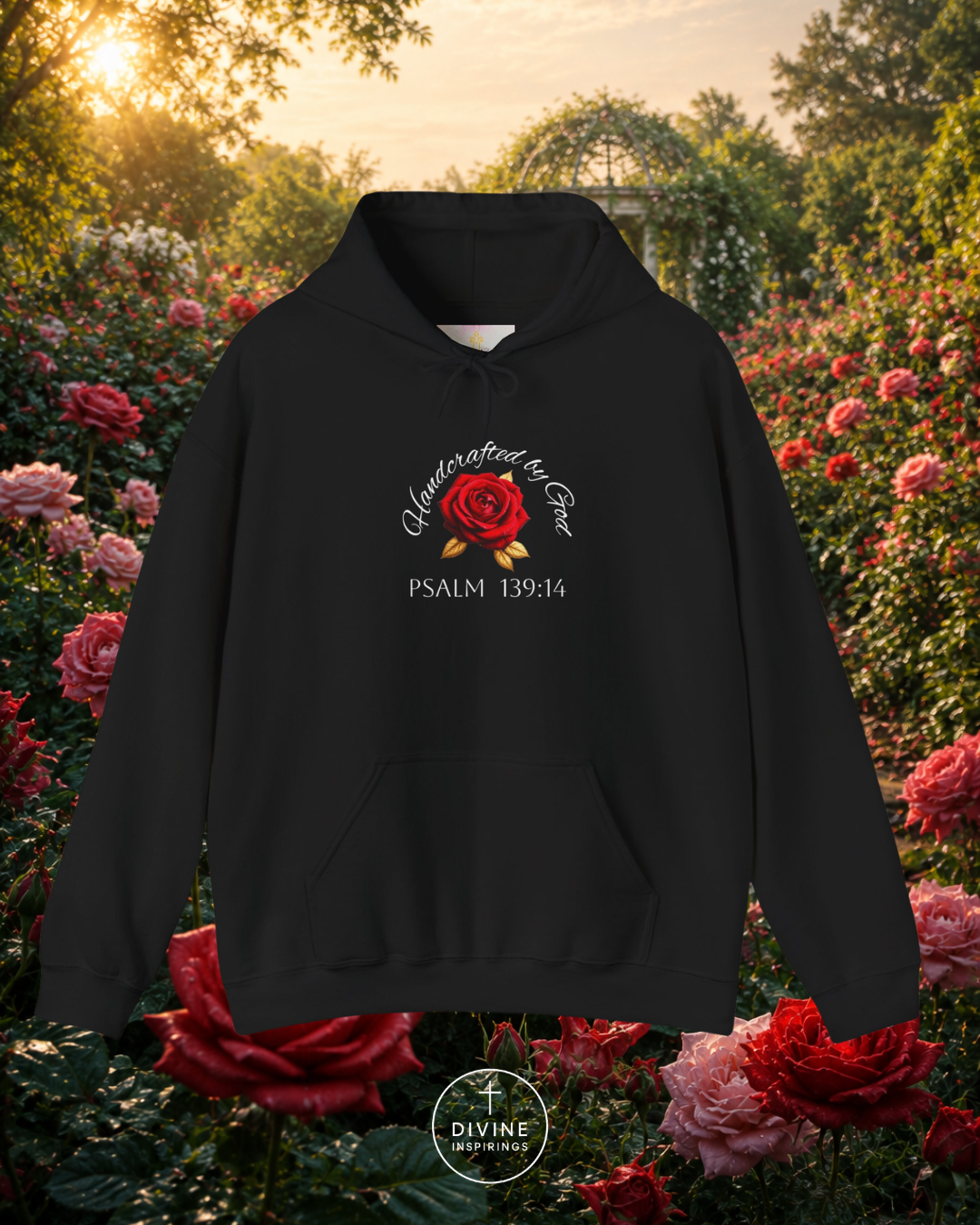 Black hoodie with floral design and text in a garden setting