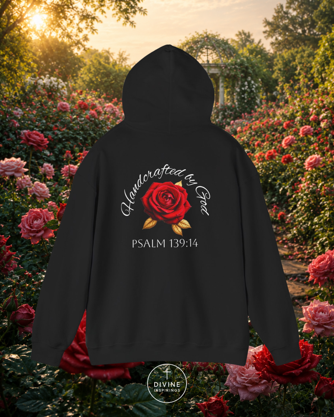 Black hoodie with a red rose design and text in a garden setting