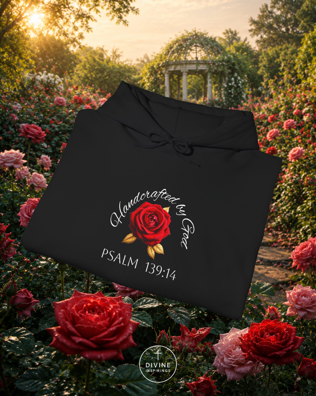 Black hoodie with red rose design and text in a garden setting