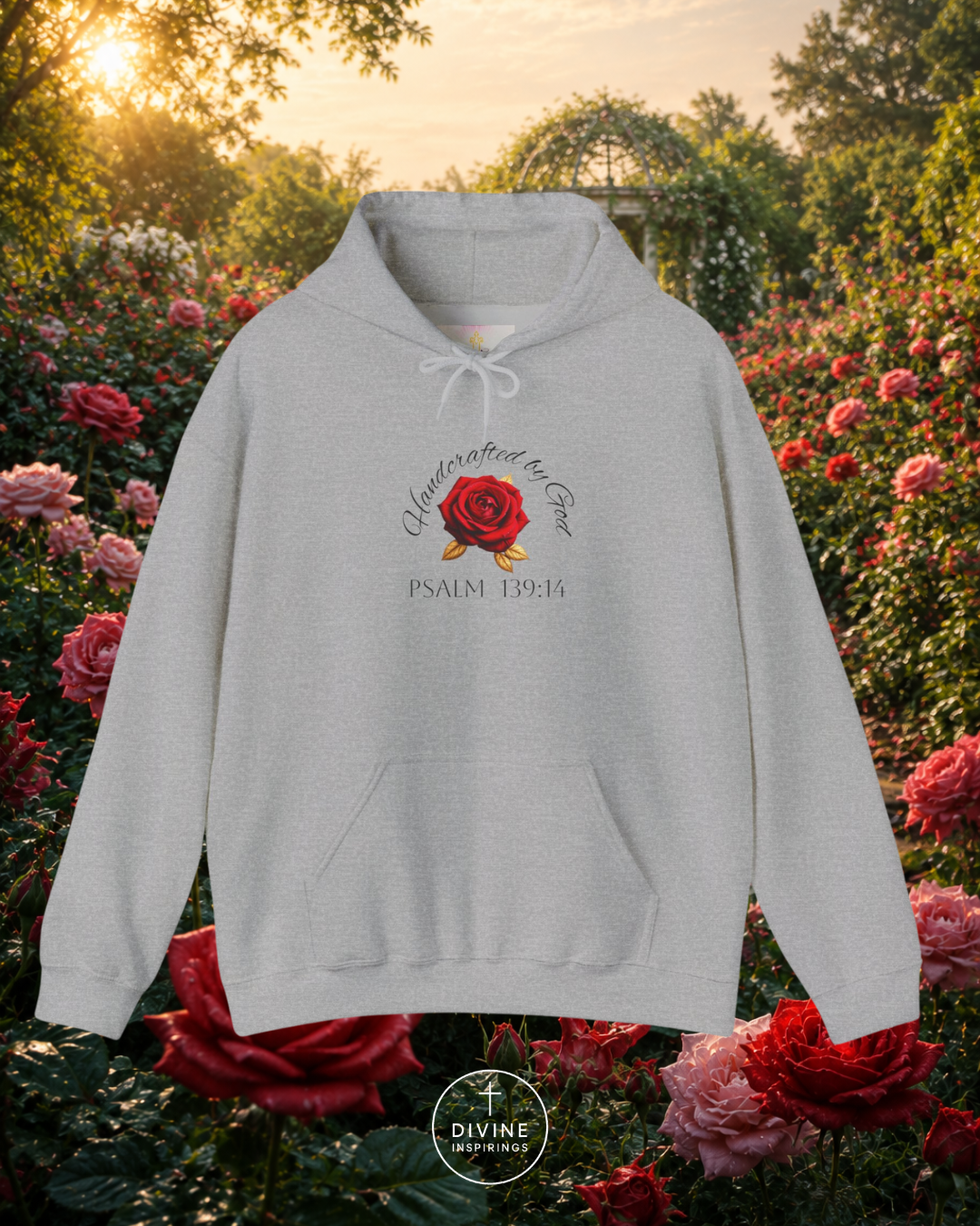 Gray hoodie with a rose design and text in a garden setting