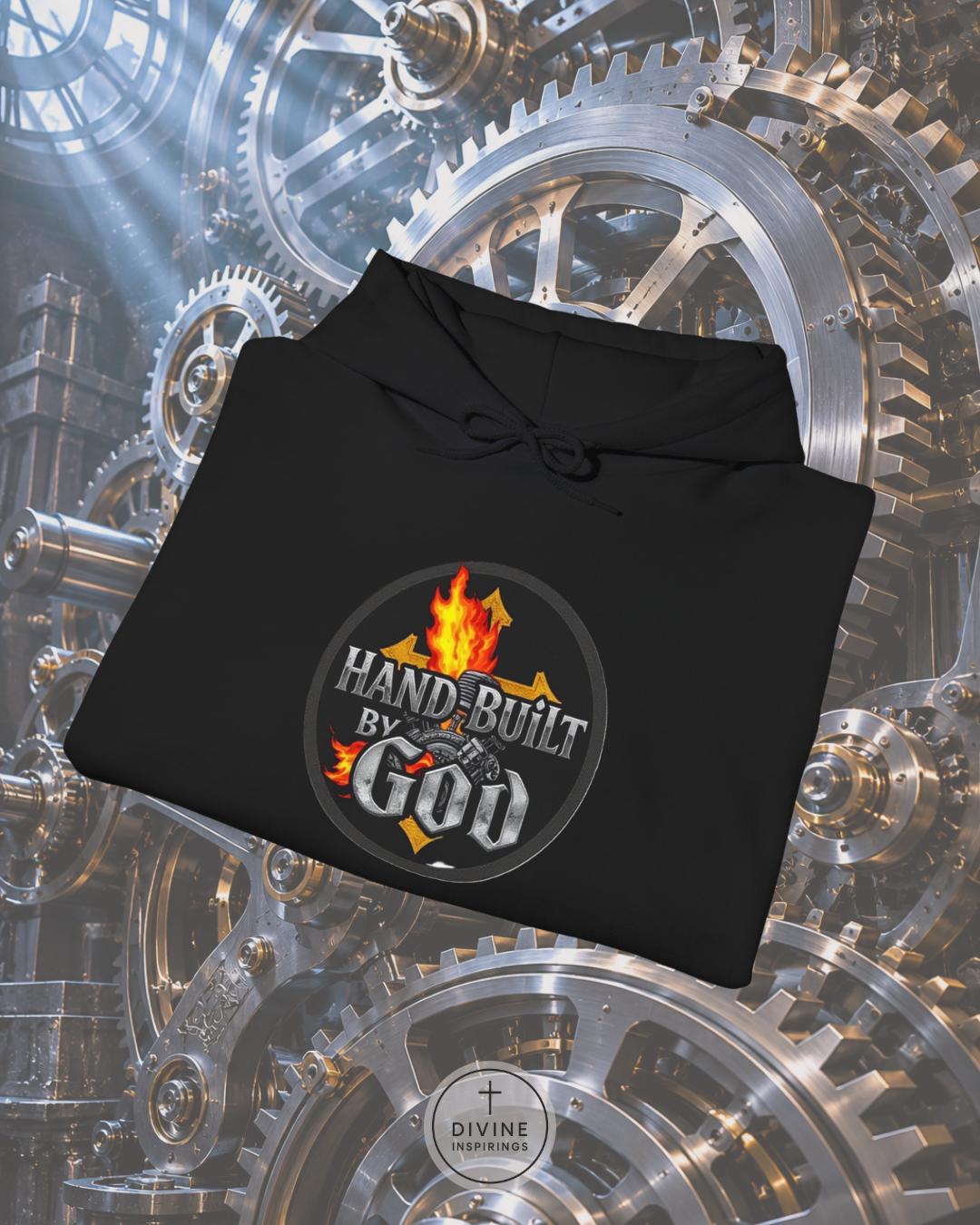 Black hoodie with 'Hand Built by God' logo on a mechanical gear background
