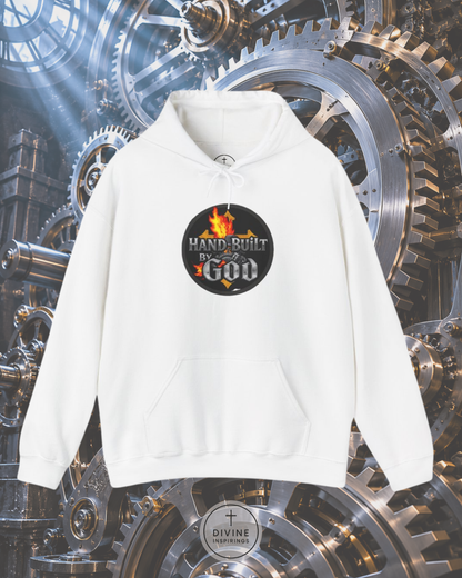 White hoodie with 'Hand Built for God' graphic on a mechanical gear background