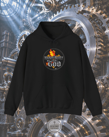 Black hoodie with 'Hand Built by God' logo on a mechanical gear background