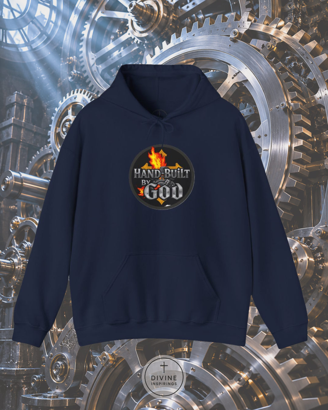 Navy blue hoodie with 'Hand Built by God' logo on a mechanical gear background