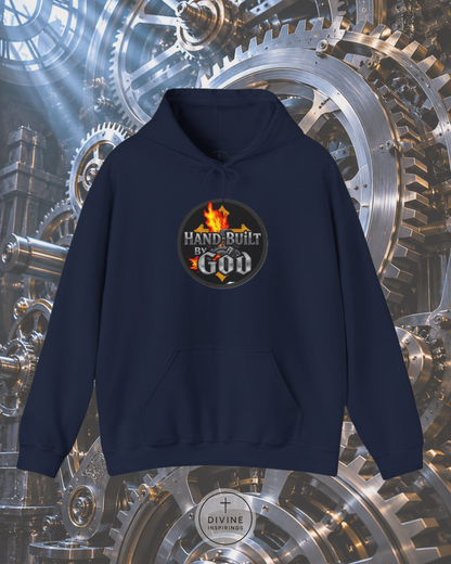 Navy blue hoodie with 'Hand Built by God' logo on a mechanical gear background
