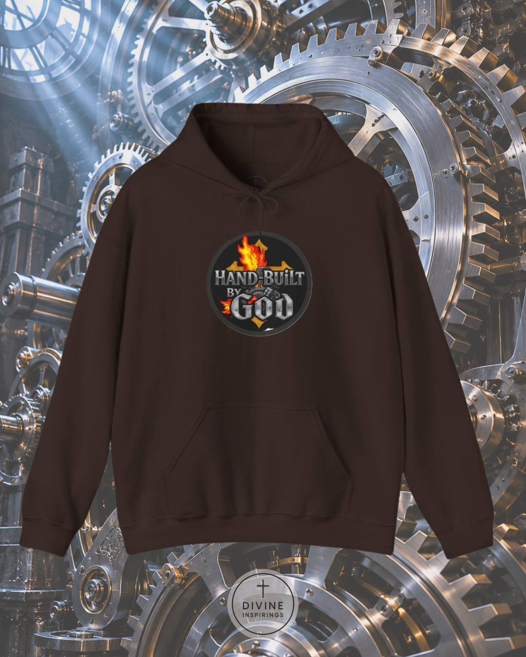 Brown hoodie with 'Hand Built by God' logo on a mechanical gear background