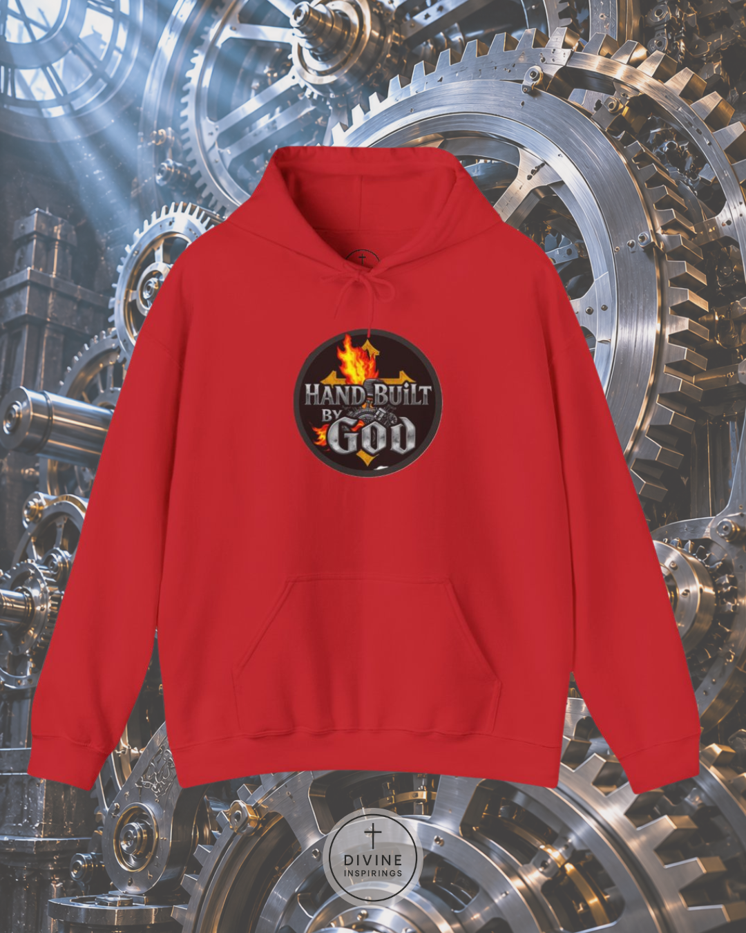 Red hoodie with 'Hand Built by God' logo on a mechanical gear background