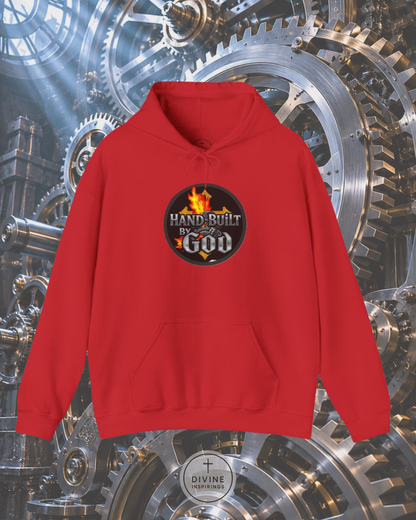 Red hoodie with 'Hand Built by God' logo on a mechanical gear background