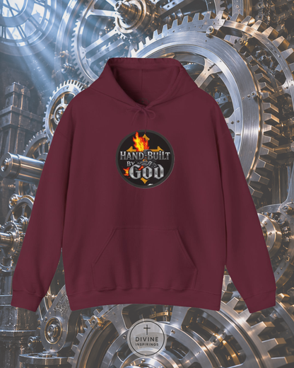 Maroon hoodie with 'Hand Built by God' logo on a mechanical gear background