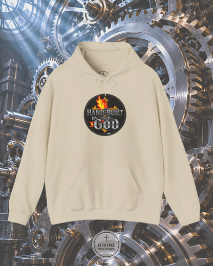 Beige hoodie with a logo on a mechanical gear background
