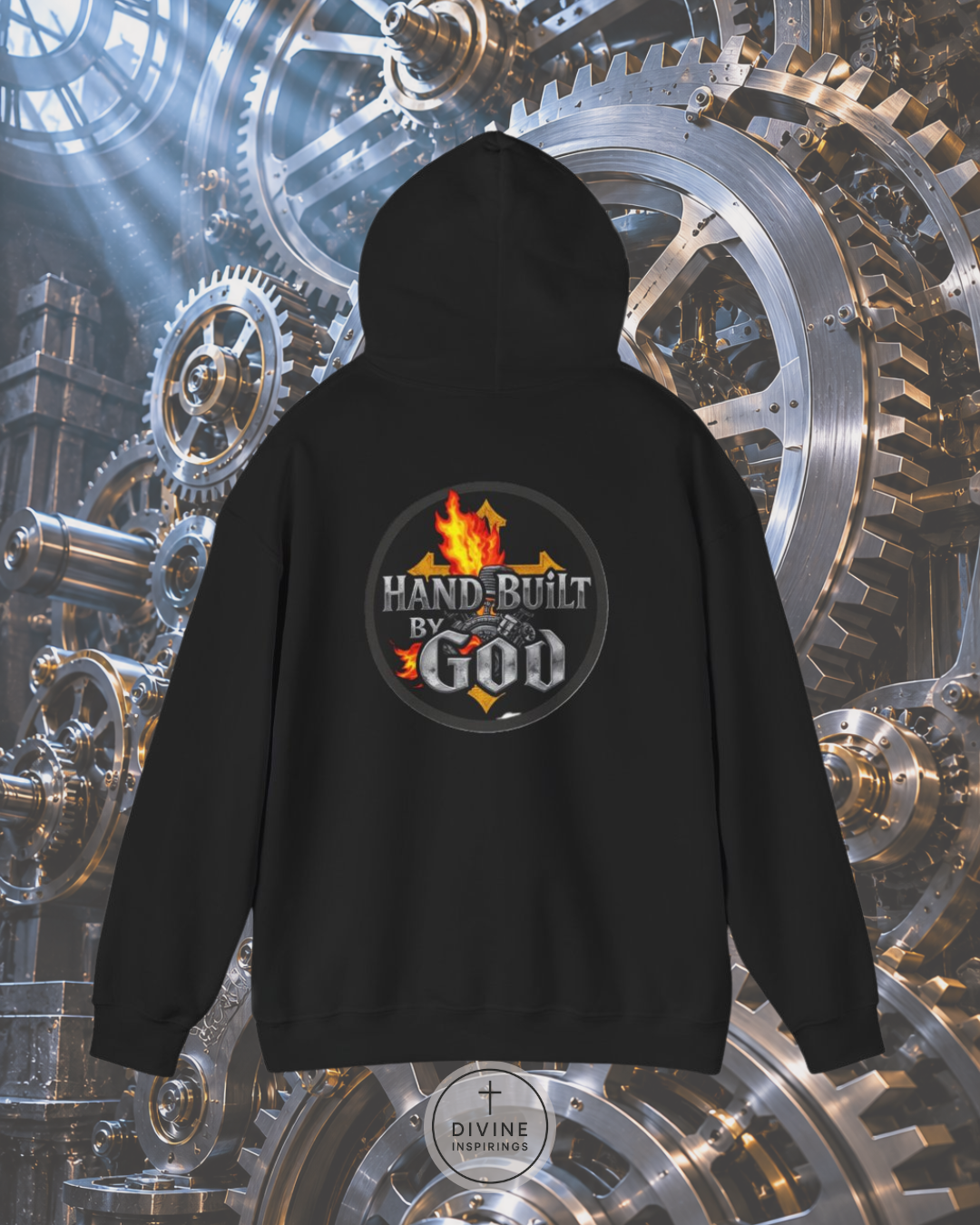 Black hoodie with 'Hand Built by God' logo on a mechanical gear background