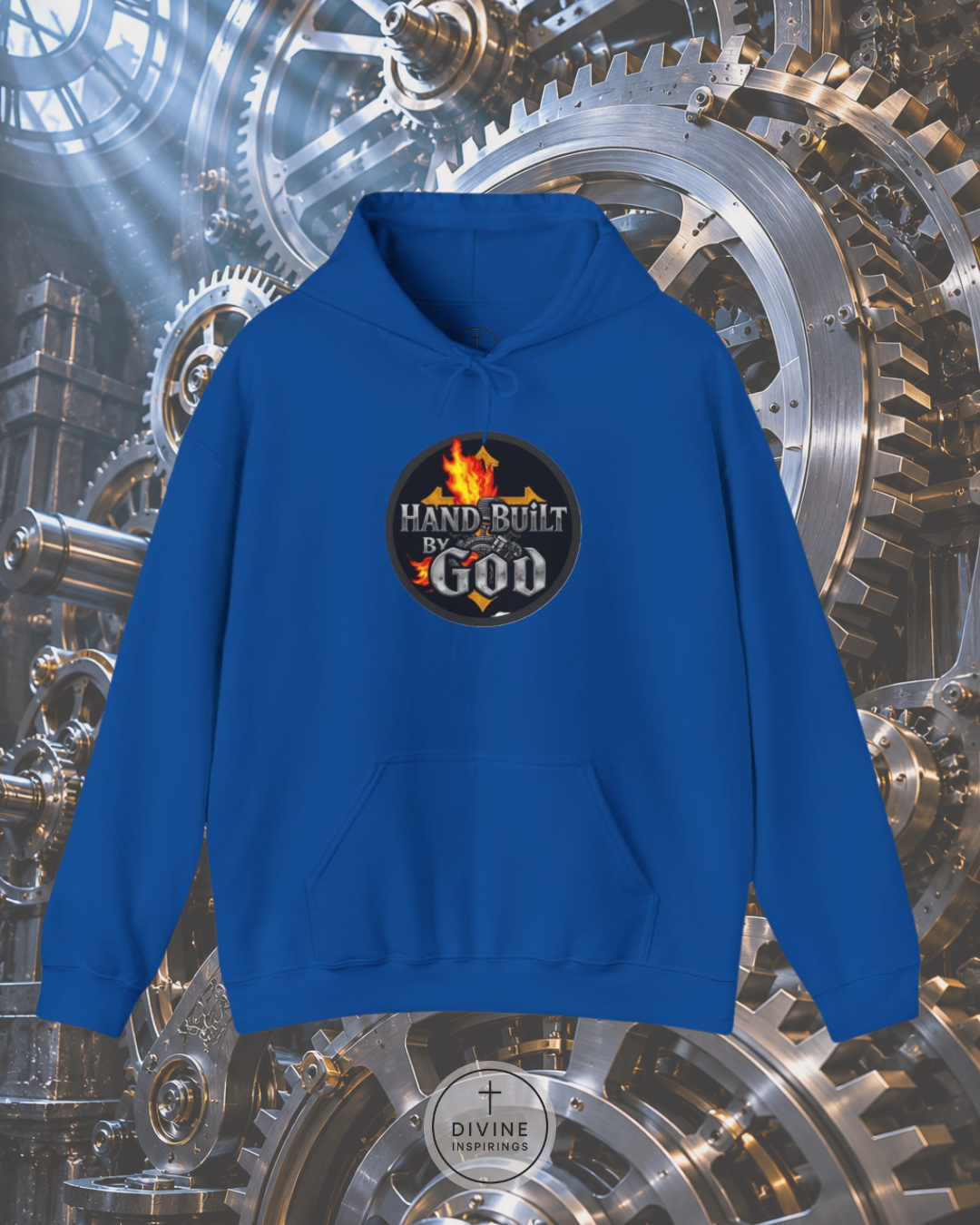 Blue hoodie with 'Hand Built by God' logo on a mechanical gear background