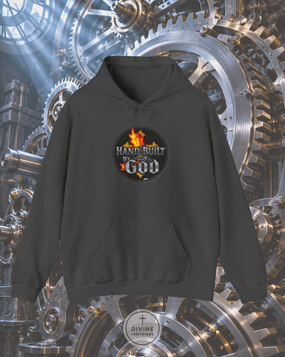 Black hoodie with 'Hand Built for God' logo on a mechanical gear background