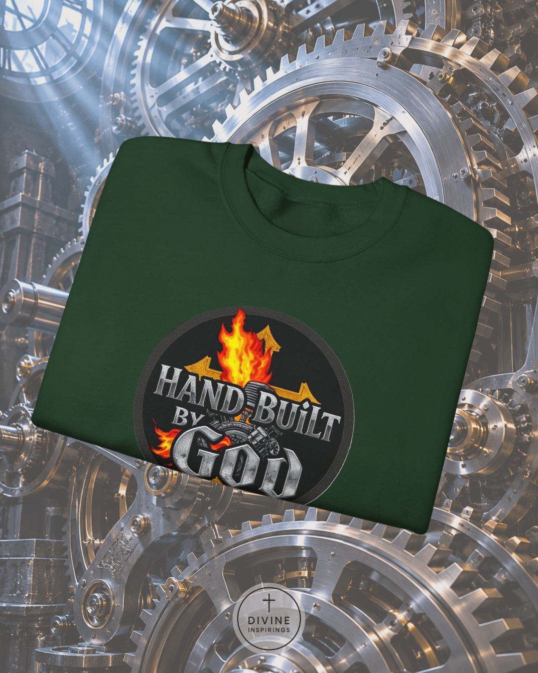 Green sweatshirt with 'Hand Built by God' logo on a mechanical gear background