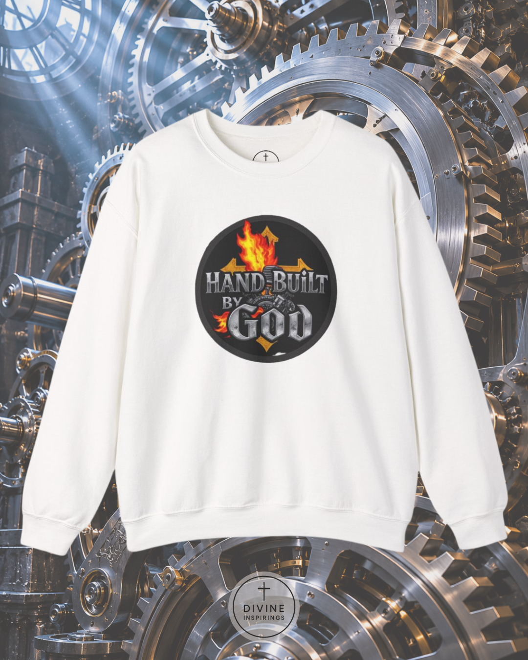 White sweatshirt with 'Hand Built by God' graphic on a mechanical gear background