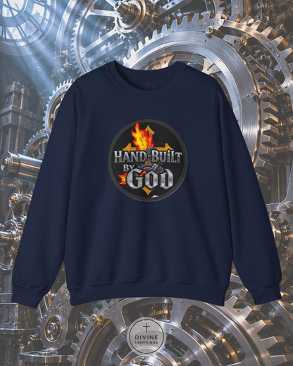 Navy blue sweatshirt with 'Hand-Built by God' graphic on a mechanical gear background