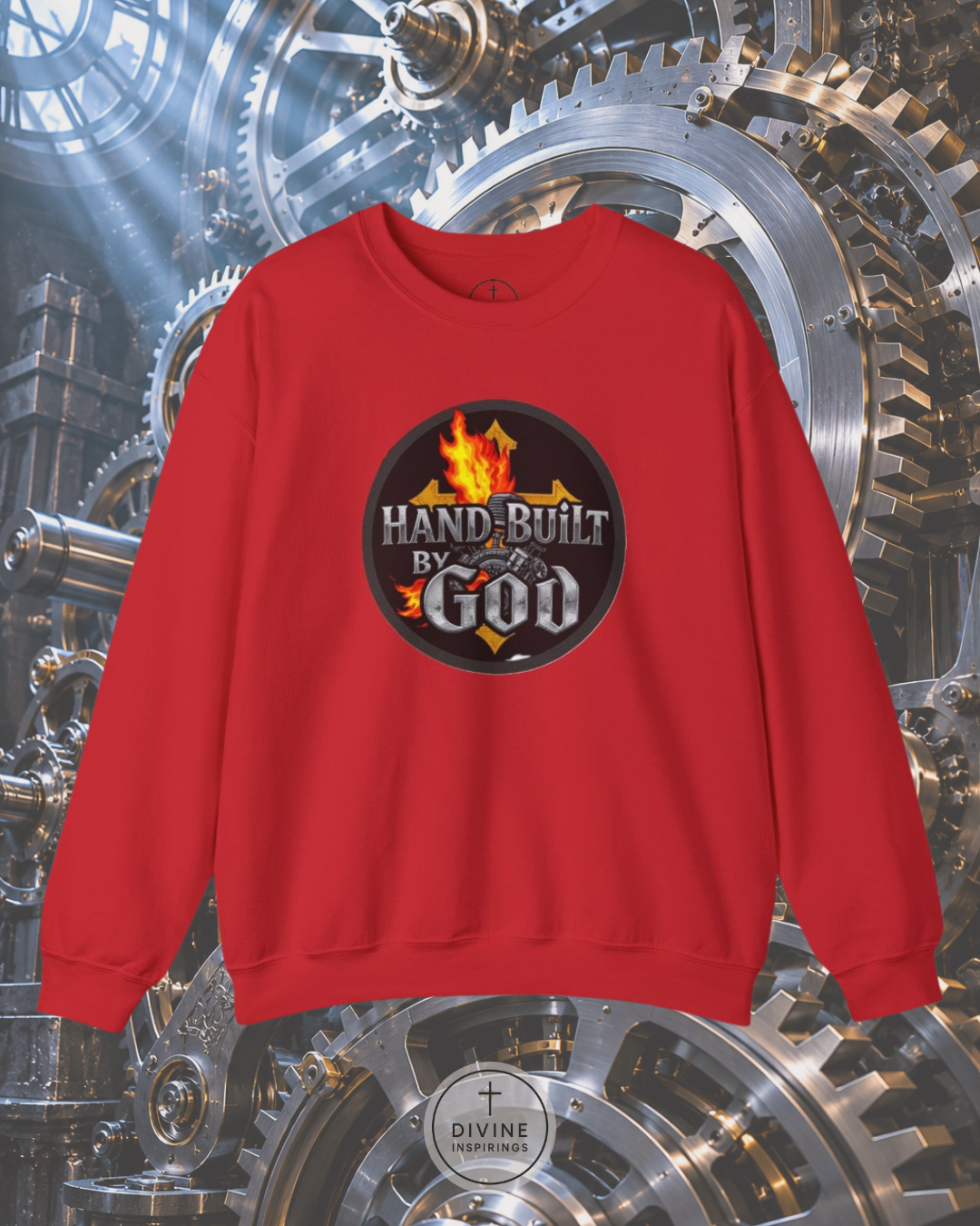 Red sweatshirt with 'Hand-Built by God' graphic on a mechanical gear background