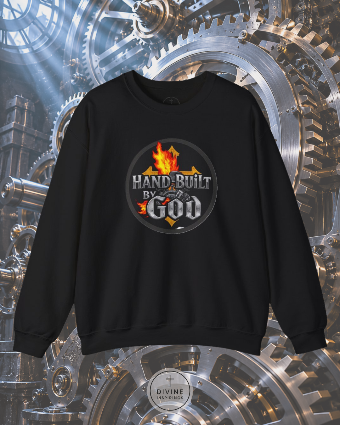 Black sweatshirt with 'Hand-Built by God' graphic on a mechanical gear background