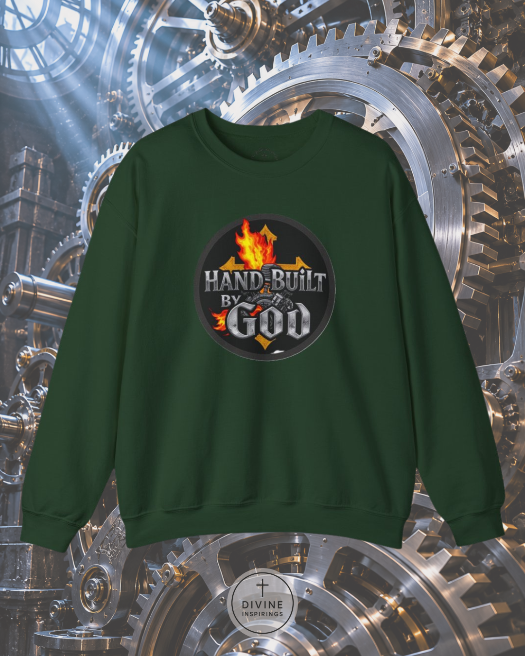 Green sweatshirt with 'Hand-Built by God' graphic on a mechanical gear background
