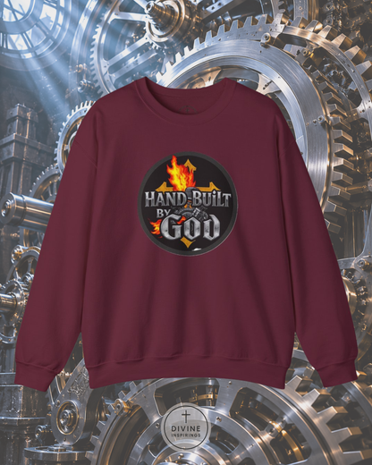 Maroon sweatshirt with 'Hand-Built by God' graphic on a mechanical gear background