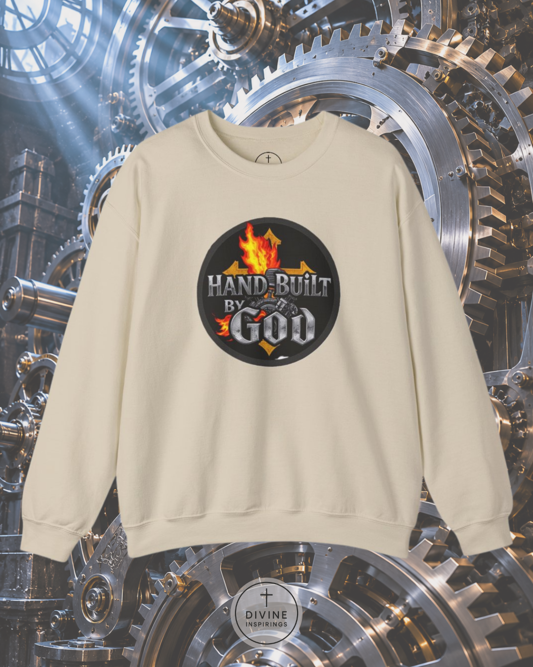 Beige sweatshirt with 'Hand-Built by God' graphic on a mechanical gear background