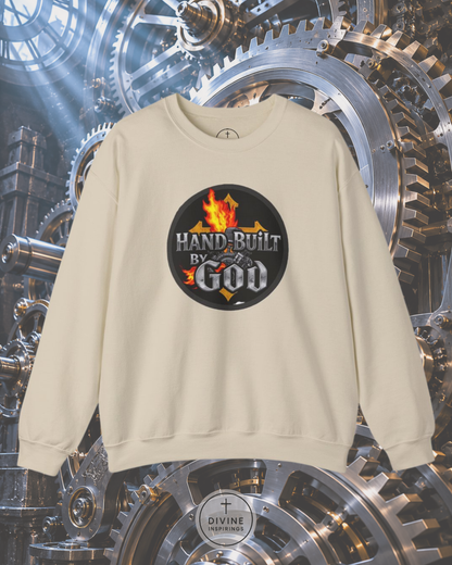 Beige sweatshirt with 'Hand-Built by God' graphic on a mechanical gear background
