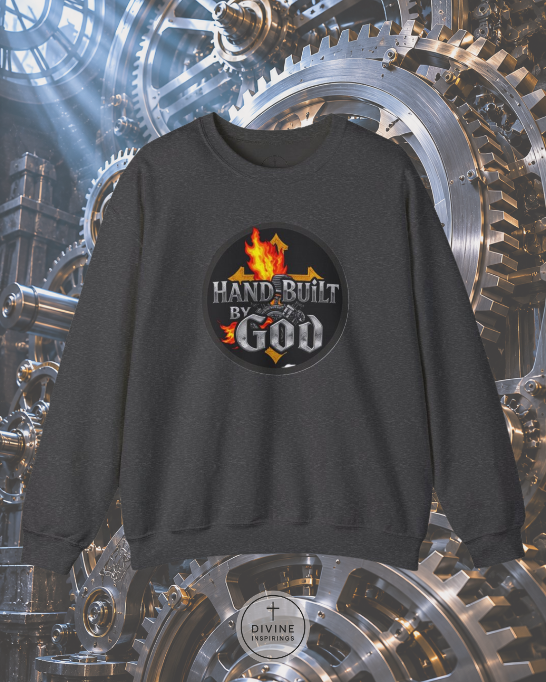Black sweatshirt with 'Hand-Built by God' graphic on a mechanical gear background