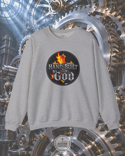 Gray sweatshirt with 'Hand-Built by God' graphic on a mechanical gear background
