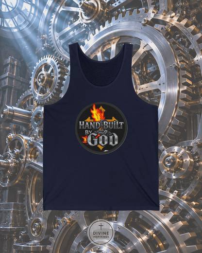 Black tank top with 'Hand-Built by God' logo on a mechanical gear background