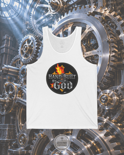White tank top with 'Hand-Built by God' graphic on a mechanical gear background