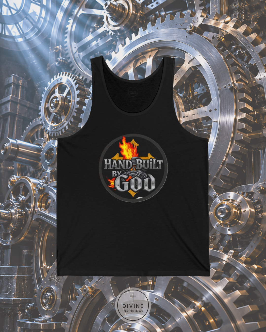 Black tank top with 'Hand Built by God' logo on a mechanical gear background