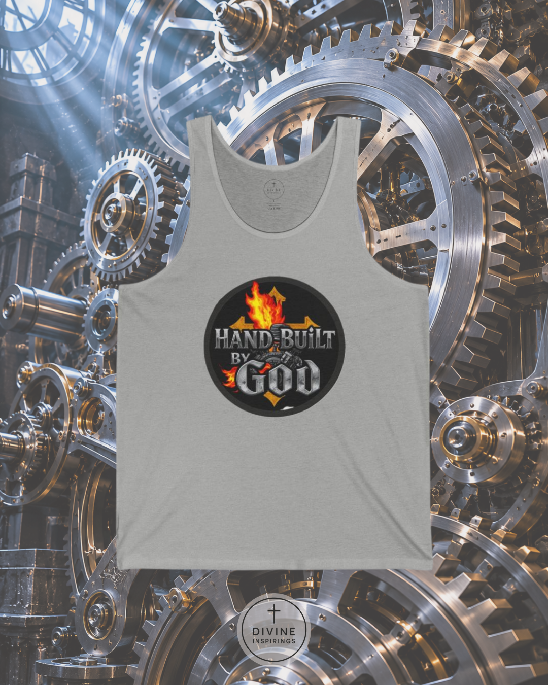 Gray tank top with 'Hand-Built by God' graphic on a mechanical gear background