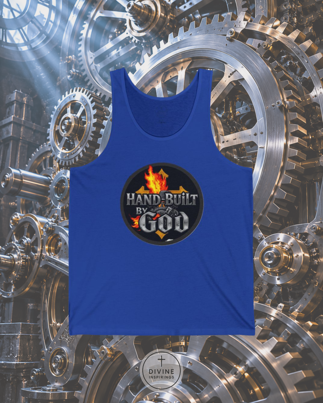 Blue tank top with 'Hand-Built by God' graphic on a mechanical gear background