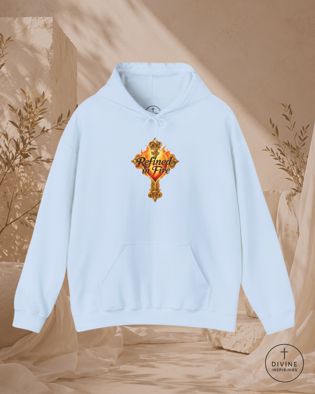 White hoodie with a colorful design on a beige background