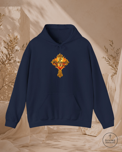 Black hoodie with a gold and red emblem on a beige background