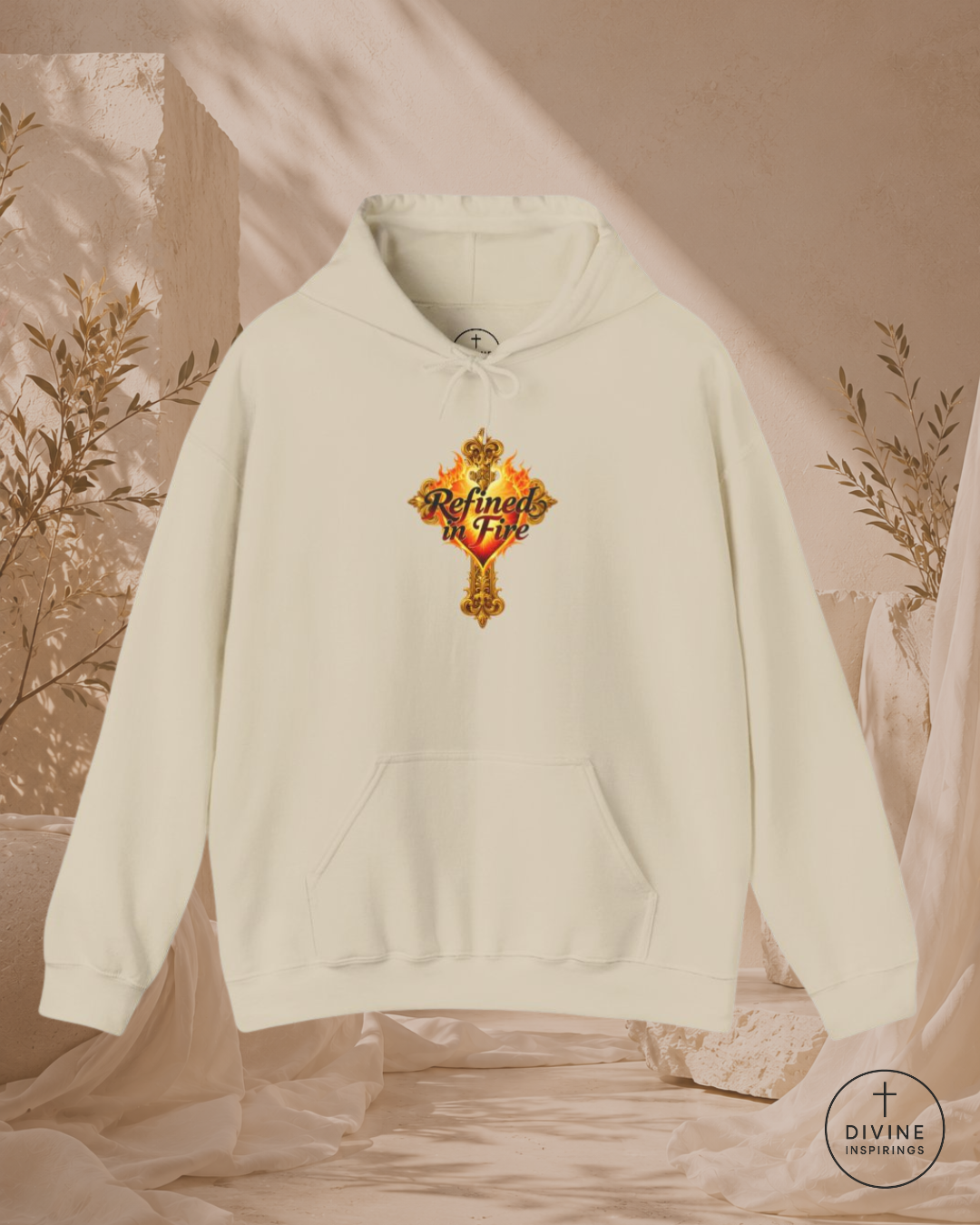 White hoodie with a colorful graphic design on a neutral background